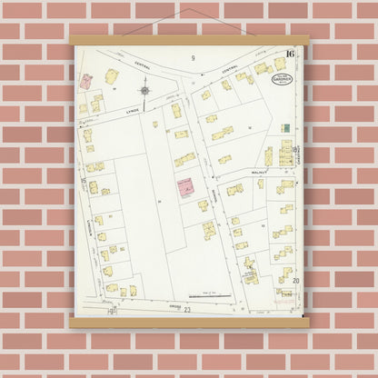 Old map wall art mockup — magnetic wood frame on brick wall — Sanborn Fire Insurance Map from Gardner, Worcester County, Massachusetts (1909), Sheet #0016