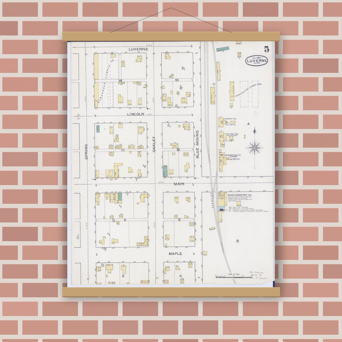 Old map wall art mockup — magnetic wood frame on brick wall — Sanborn Fire Insurance Map from Luverne, Rock County, Minnesota (1894), Sheet #0005
