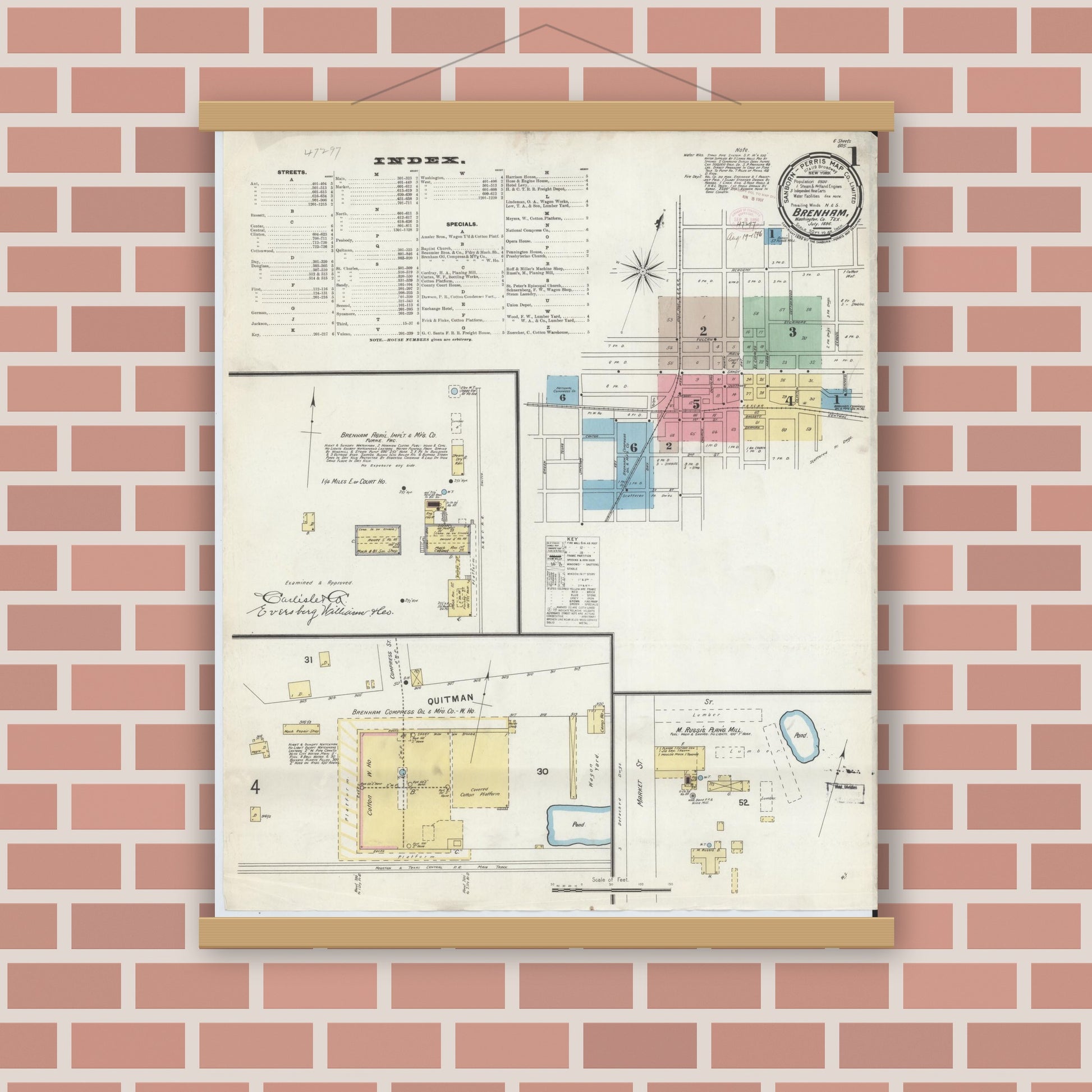 Old map wall art mockup — magnetic wood frame on brick wall — Sanborn Fire Insurance Map from Brenham, Washington County, Texas (1896), Sheet #0001