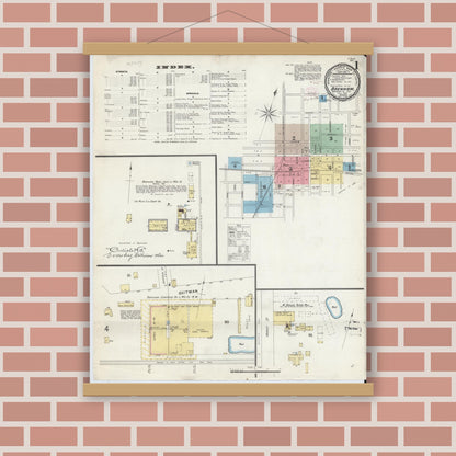 Old map wall art mockup — magnetic wood frame on brick wall — Sanborn Fire Insurance Map from Brenham, Washington County, Texas (1896), Sheet #0001