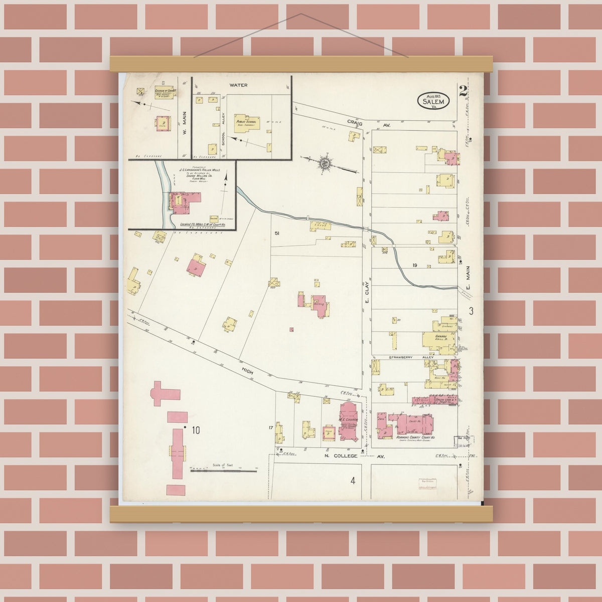 Old map wall art mockup — magnetic wood frame on brick wall — Sanborn Fire Insurance Map from Salem, Independent Cities, Virginia (1913), Sheet #0002