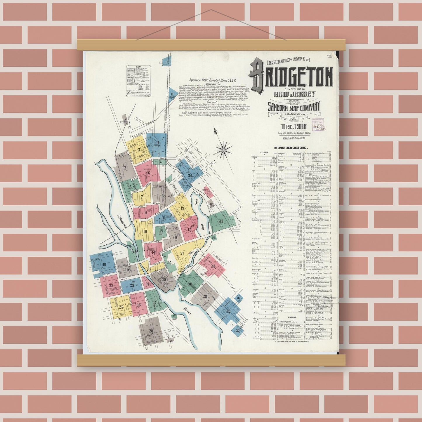 Old map wall art mockup — magnetic wood frame on brick wall — Sanborn Fire Insurance Map from Bridgeton, Cumberland County, New Jersey (1908), Sheet #0001