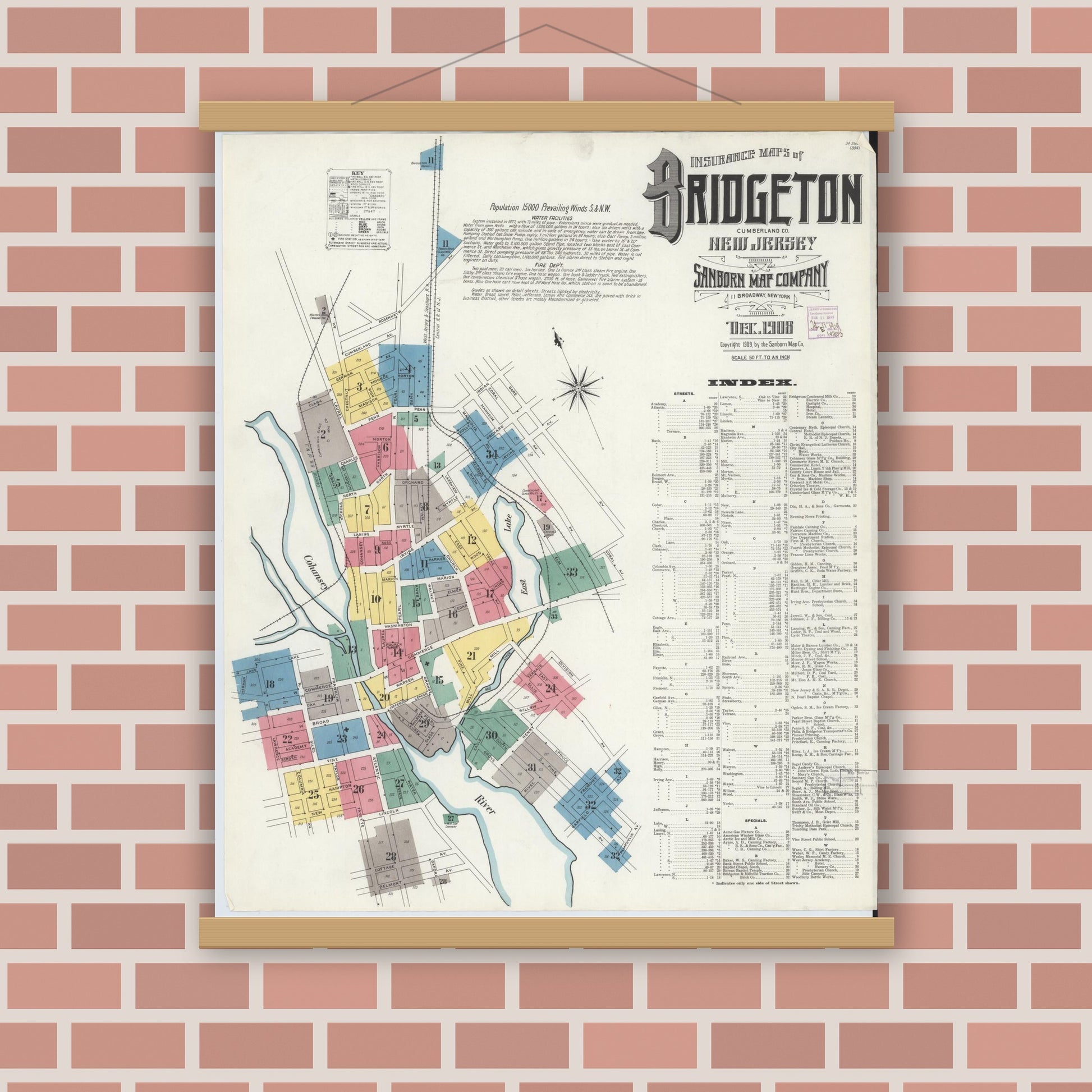 Old map wall art mockup — magnetic wood frame on brick wall — Sanborn Fire Insurance Map from Bridgeton, Cumberland County, New Jersey (1908), Sheet #0001
