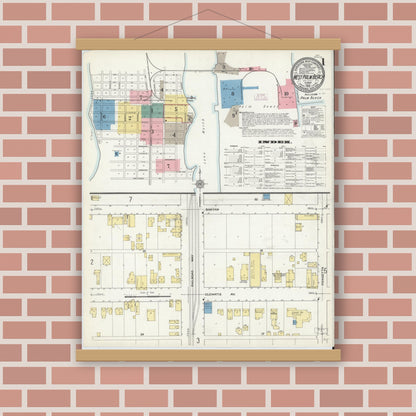 Old map wall art mockup — magnetic wood frame on brick wall — Sanborn Fire Insurance Map from West Palm Beach, Dade County, Florida (1912), Sheet #0001