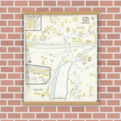 Old map wall art mockup — magnetic wood frame on brick wall — Sanborn Fire Insurance Map from Acton, Middlesex County, Massachusetts (1916), Sheet #0003