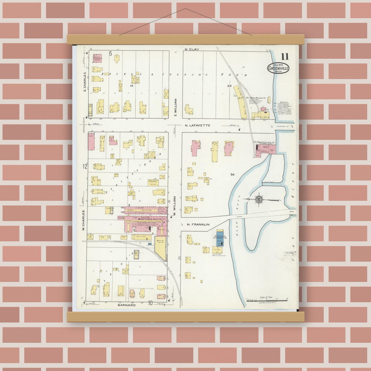 Old map wall art mockup — magnetic wood frame on brick wall — Sanborn Fire Insurance Map from Greenville, Montcalm County, Michigan (1918), Sheet #0011