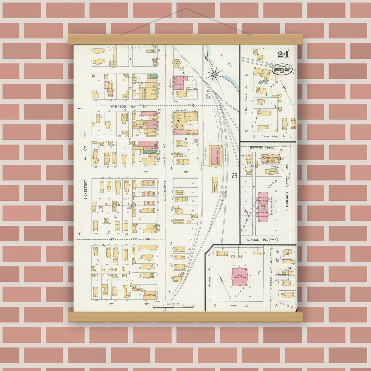 Old map wall art mockup — magnetic wood frame on brick wall — Sanborn Fire Insurance Map from Green Bay, Brown County, Wisconsin (1900), Sheet #0024
