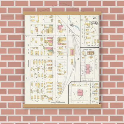 Old map wall art mockup — magnetic wood frame on brick wall — Sanborn Fire Insurance Map from Green Bay, Brown County, Wisconsin (1900), Sheet #0024