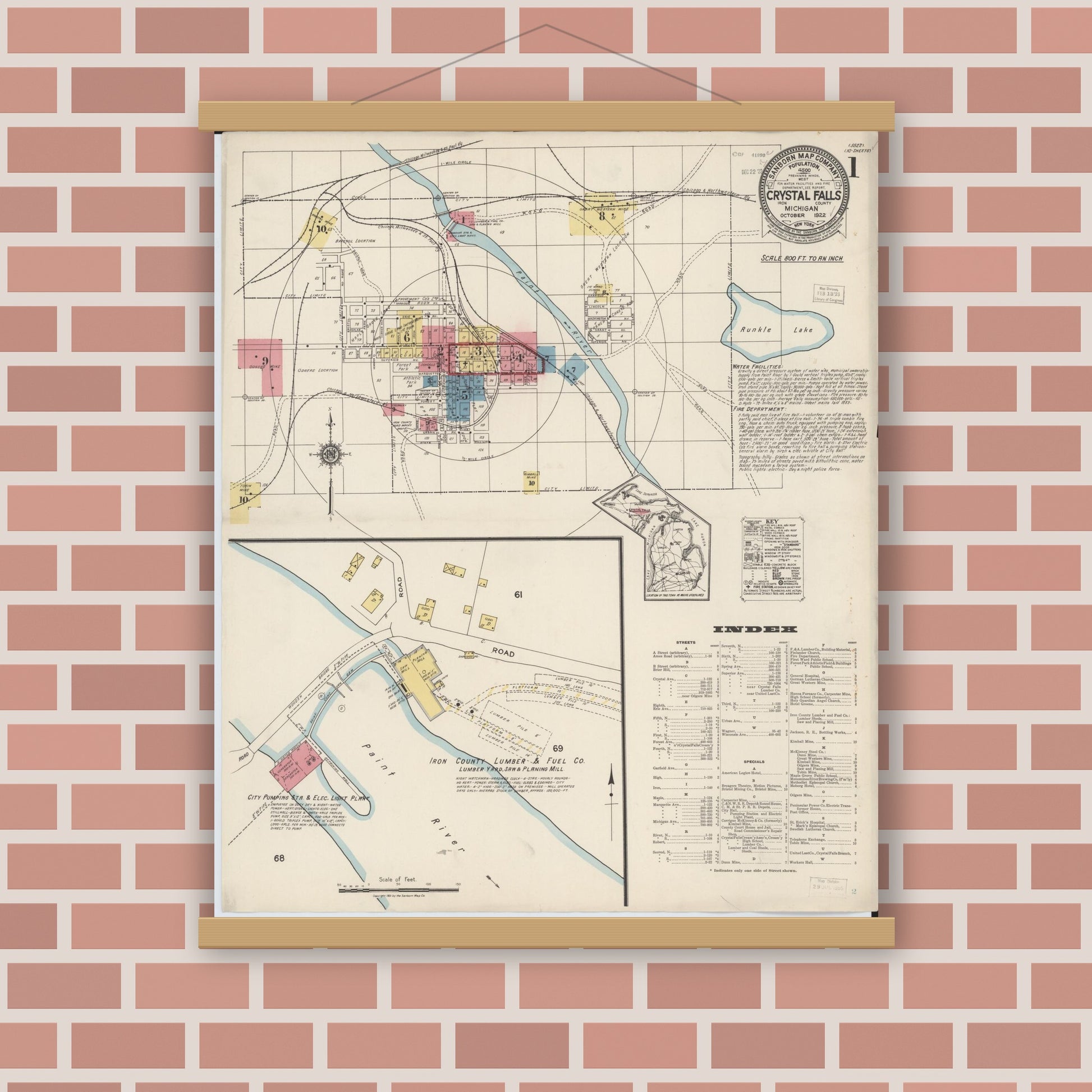 Old map wall art mockup — magnetic wood frame on brick wall — Sanborn Fire Insurance Map from Crystal Falls, Iron County, Michigan (1922) - Complete Map Set