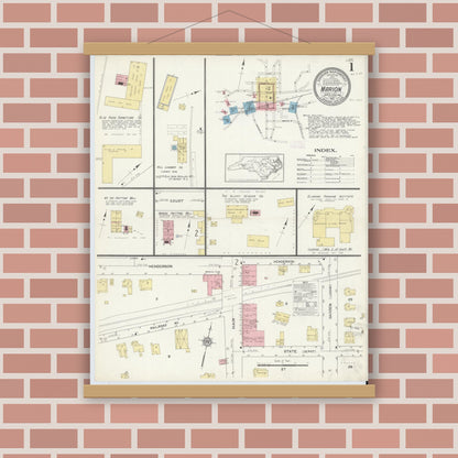 Old map wall art mockup — magnetic wood frame on brick wall — Sanborn Fire Insurance Map from Marion, Mcdowell County, North Carolina (1913) - Complete Map Set