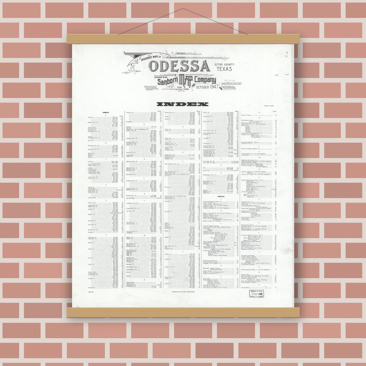 Old map wall art mockup — magnetic wood frame on brick wall — Sanborn Fire Insurance Map from Odessa, Edger County, Texas (1947), Sheet #0001