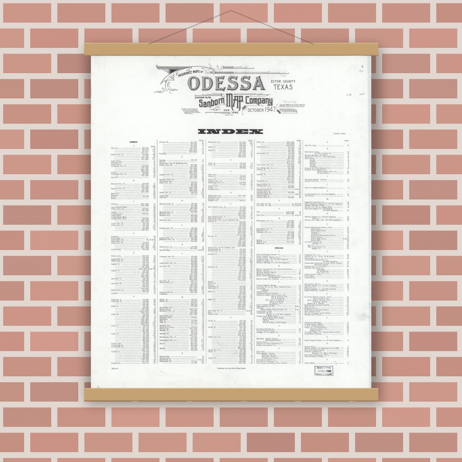 Old map wall art mockup — magnetic wood frame on brick wall — Sanborn Fire Insurance Map from Odessa, Edger County, Texas (1947), Sheet #0001