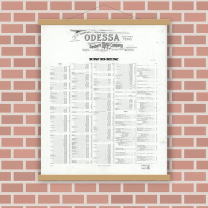 Old map wall art mockup — magnetic wood frame on brick wall — Sanborn Fire Insurance Map from Odessa, Edger County, Texas (1947), Sheet #0001