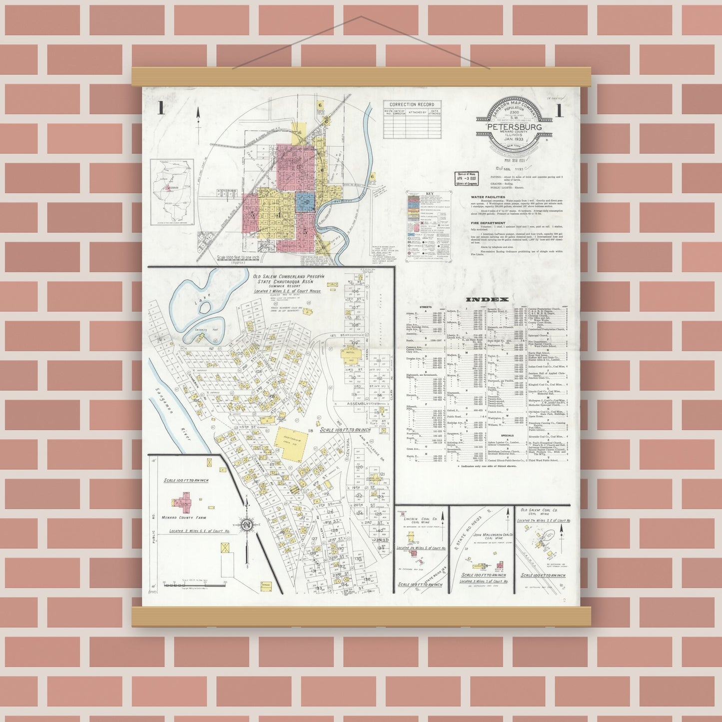 Old map wall art mockup — magnetic wood frame on brick wall — Sanborn Fire Insurance Map from Petersburg, Menard County, Illinois (1933) - Complete Map Set