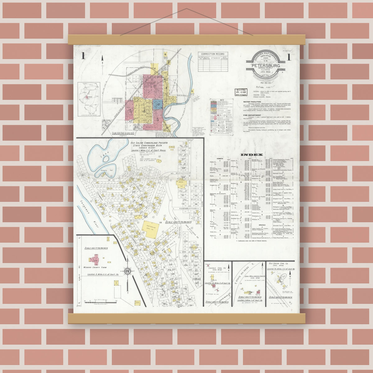 Old map wall art mockup — magnetic wood frame on brick wall — Sanborn Fire Insurance Map from Petersburg, Menard County, Illinois (1933) - Complete Map Set