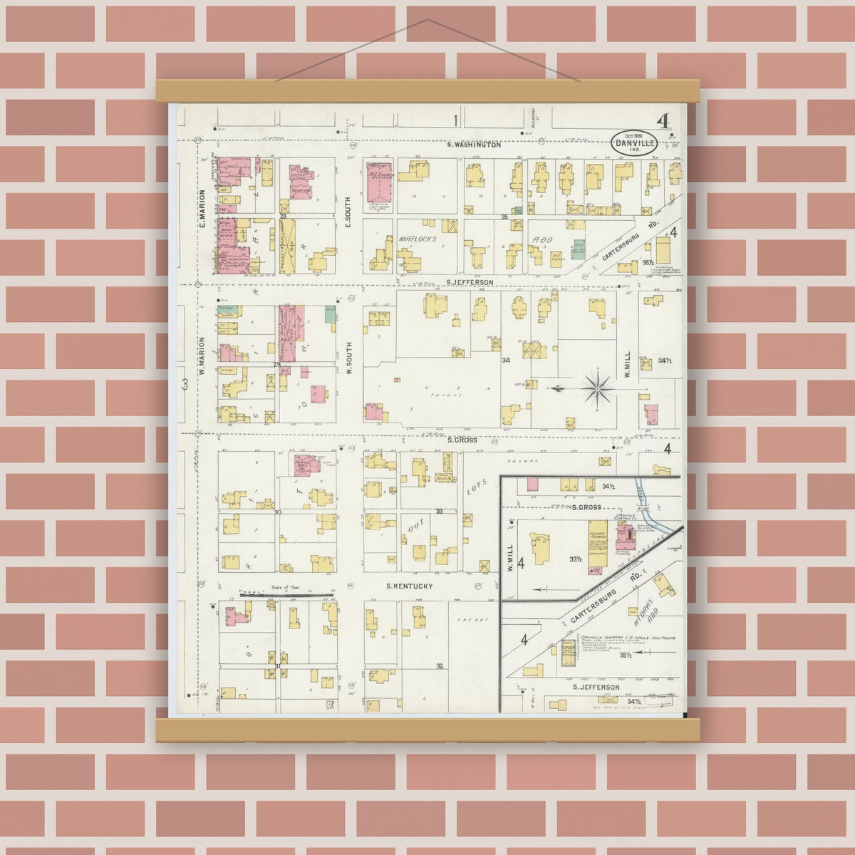 Old map wall art mockup — magnetic wood frame on brick wall — Sanborn Fire Insurance Map from Danville, Hendricks County, Indiana (1898), Sheet #0004
