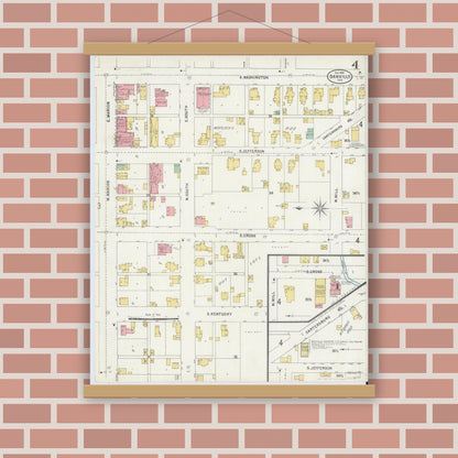 Old map wall art mockup — magnetic wood frame on brick wall — Sanborn Fire Insurance Map from Danville, Hendricks County, Indiana (1898), Sheet #0004
