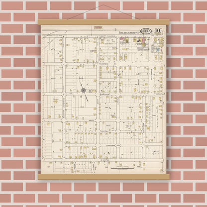 Old map wall art mockup — magnetic wood frame on brick wall — Sanborn Fire Insurance Map from Cuero, De Witt County, Texas (1922), Sheet #0010
