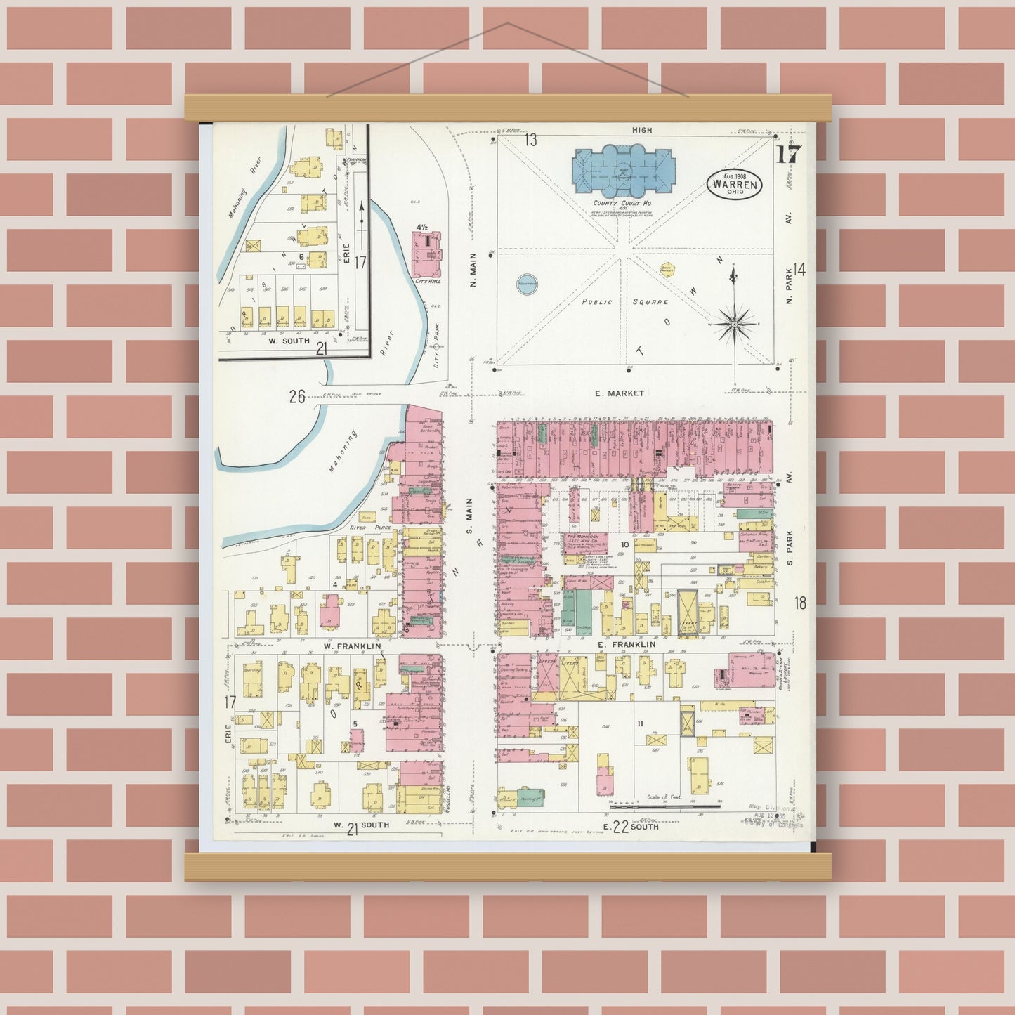 Old map wall art mockup — magnetic wood frame on brick wall — Sanborn Fire Insurance Map from Warren, Trumbull County, Ohio (1908), Sheet #0017