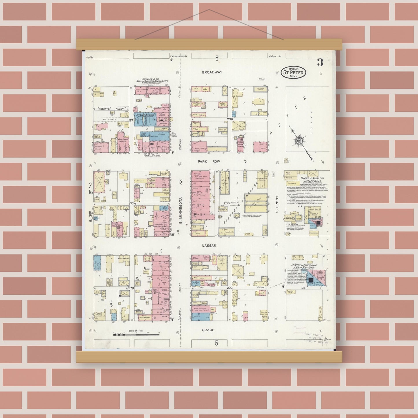 Old map wall art mockup — magnetic wood frame on brick wall — Sanborn Fire Insurance Map from Saint Peter, Nicollet County, Minnesota (1914), Sheet #0003