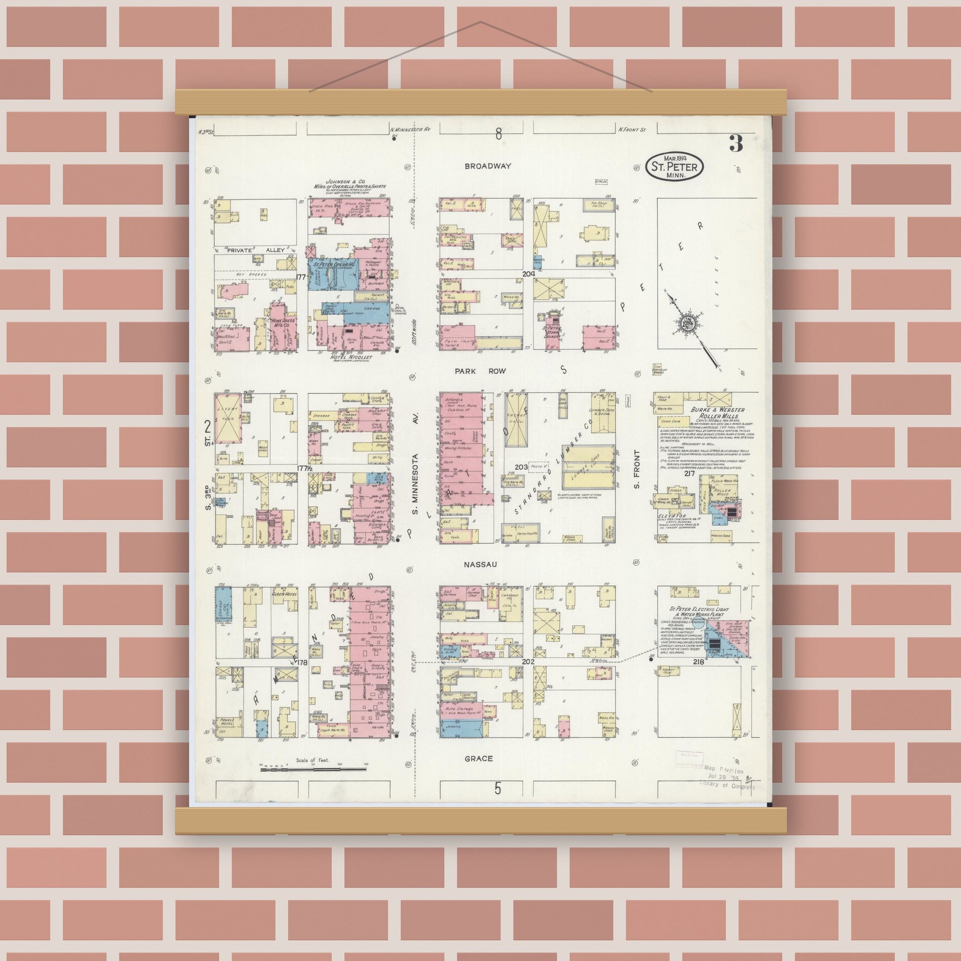 Old map wall art mockup — magnetic wood frame on brick wall — Sanborn Fire Insurance Map from Saint Peter, Nicollet County, Minnesota (1914), Sheet #0003