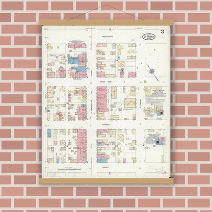 Old map wall art mockup — magnetic wood frame on brick wall — Sanborn Fire Insurance Map from Saint Peter, Nicollet County, Minnesota (1914), Sheet #0003