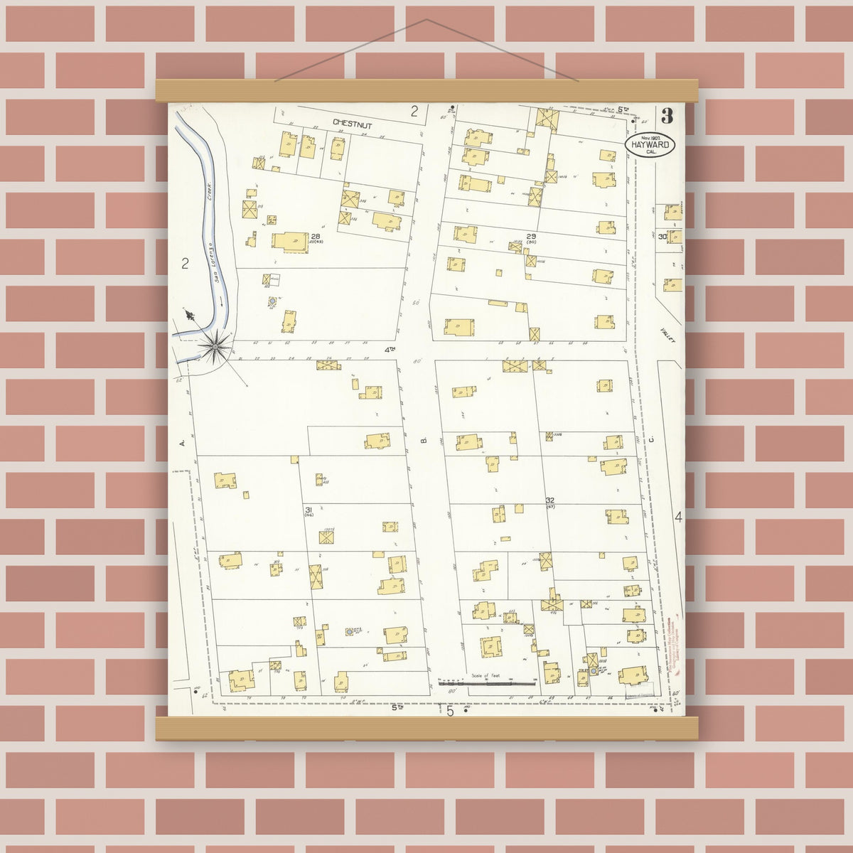 Old map wall art mockup — magnetic wood frame on brick wall — Sanborn Fire Insurance Map from Hayward, Alameda County, California (1907), Sheet #0003