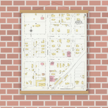 Old map wall art mockup — magnetic wood frame on brick wall — Sanborn Fire Insurance Map from Gibson City, Ford County, Illinois (1910), Sheet #0003