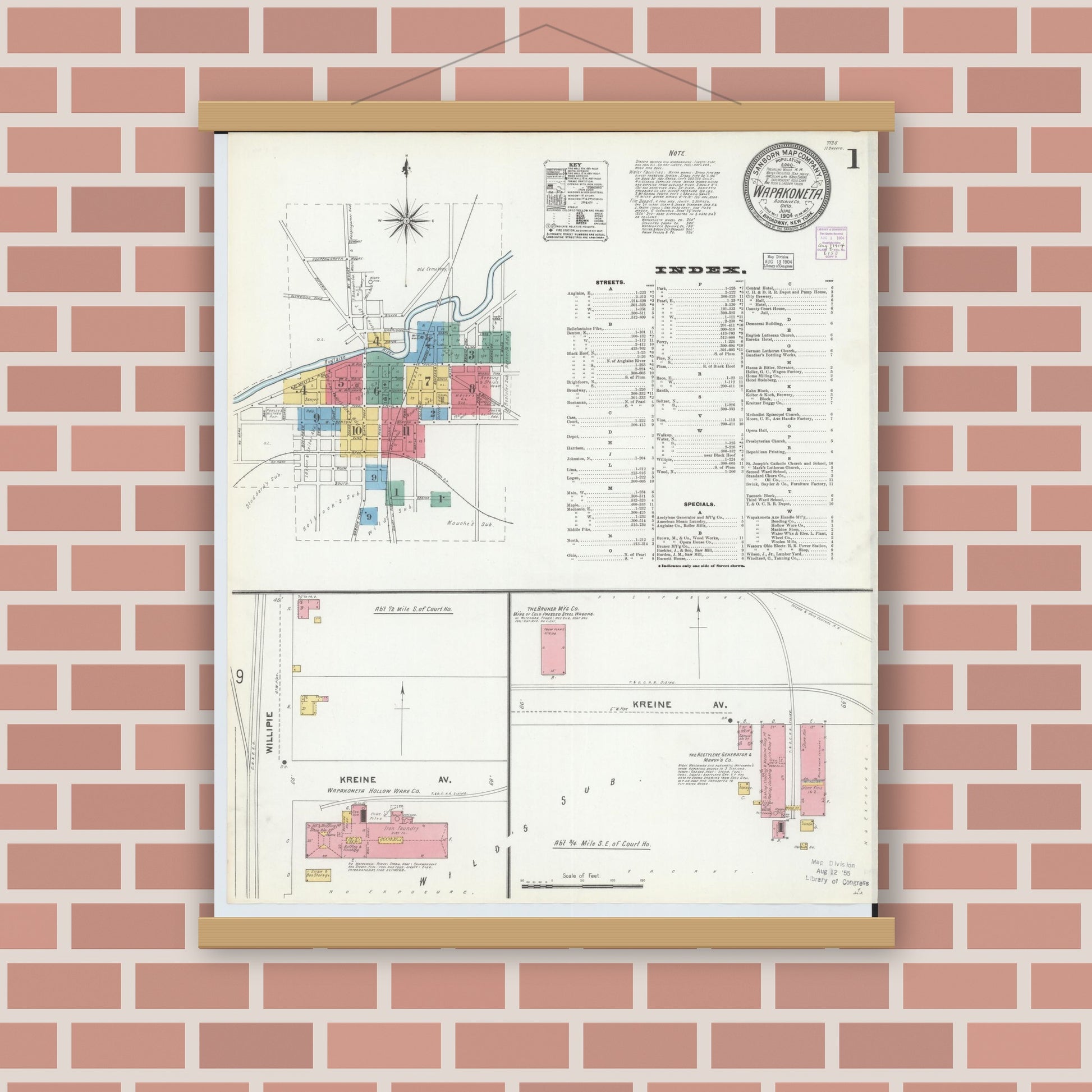 Old map wall art mockup — magnetic wood frame on brick wall — Sanborn Fire Insurance Map from Wapakoneta, Auglaize County, Ohio (1904), Sheet #0001