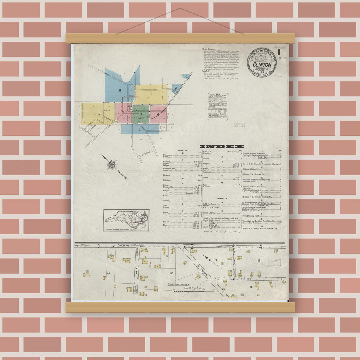 Old map wall art mockup — magnetic wood frame on brick wall — Sanborn Fire Insurance Map from Clinton, Sampson County, North Carolina (1915) - Complete Map Set