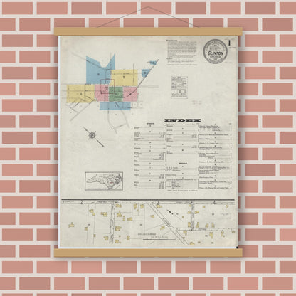 Old map wall art mockup — magnetic wood frame on brick wall — Sanborn Fire Insurance Map from Clinton, Sampson County, North Carolina (1915) - Complete Map Set
