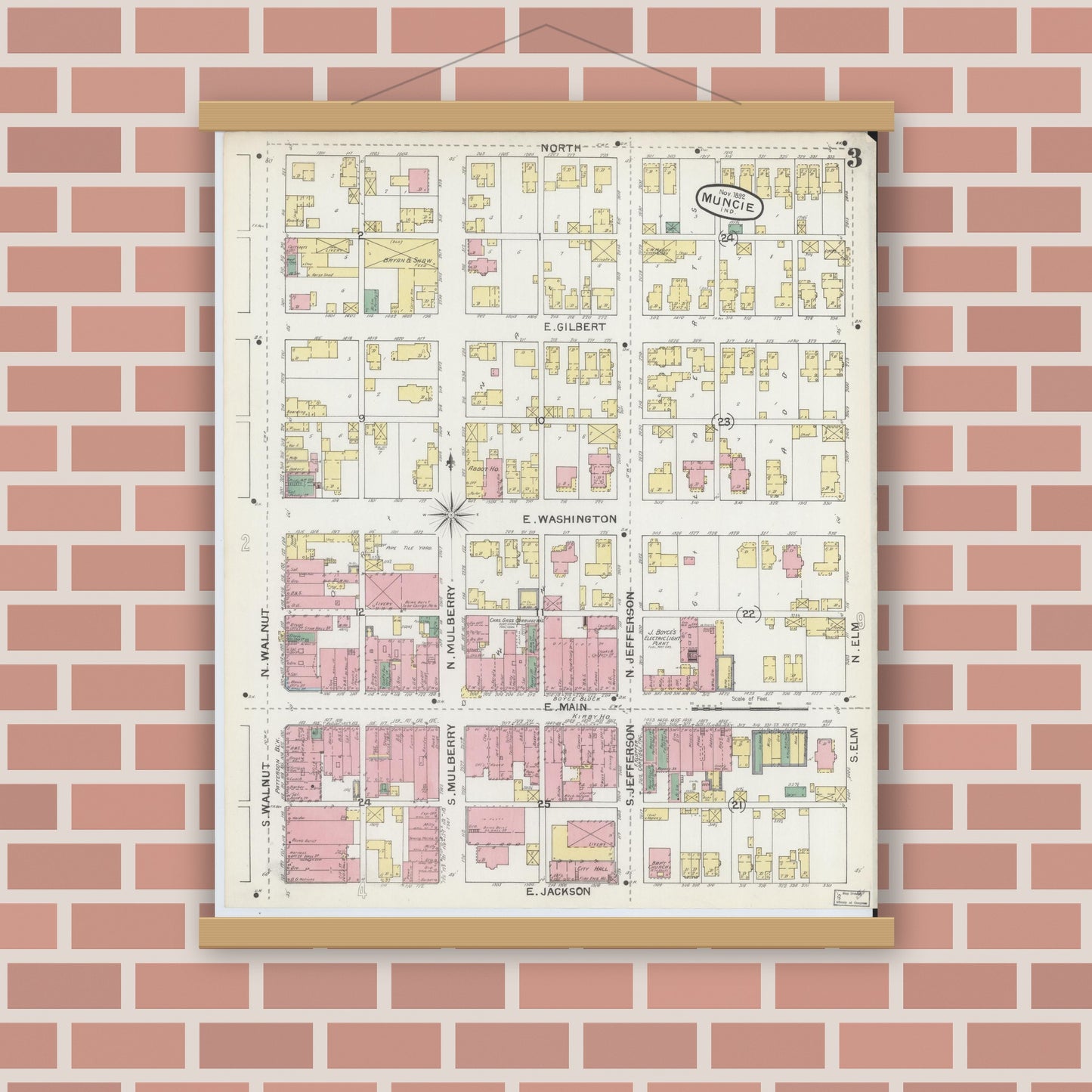 Old map wall art mockup — magnetic wood frame on brick wall — Sanborn Fire Insurance Map from Muncie, Delaware County, Indiana (1892), Sheet #0003