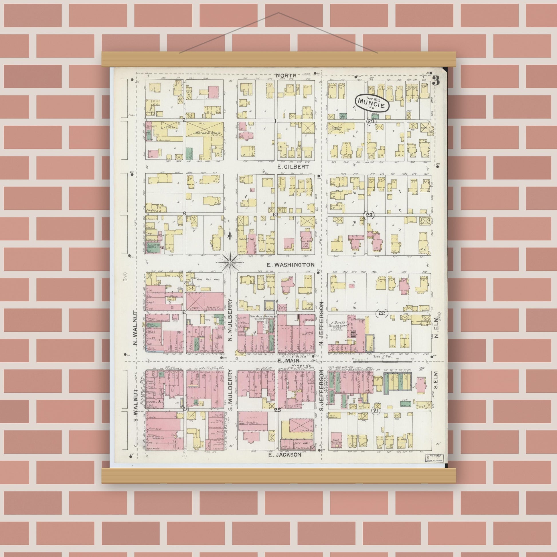 Old map wall art mockup — magnetic wood frame on brick wall — Sanborn Fire Insurance Map from Muncie, Delaware County, Indiana (1892), Sheet #0003