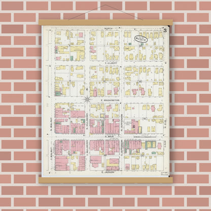 Old map wall art mockup — magnetic wood frame on brick wall — Sanborn Fire Insurance Map from Muncie, Delaware County, Indiana (1892), Sheet #0003