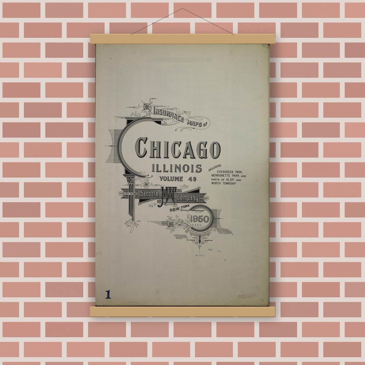 Old map wall art mockup — magnetic wood frame on brick wall — Sanborn Fire Insurance Map from Chicago, Cook County, Illinois (1950), Sheet #0001