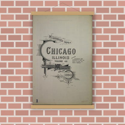 Old map wall art mockup — magnetic wood frame on brick wall — Sanborn Fire Insurance Map from Chicago, Cook County, Illinois (1950), Sheet #0001