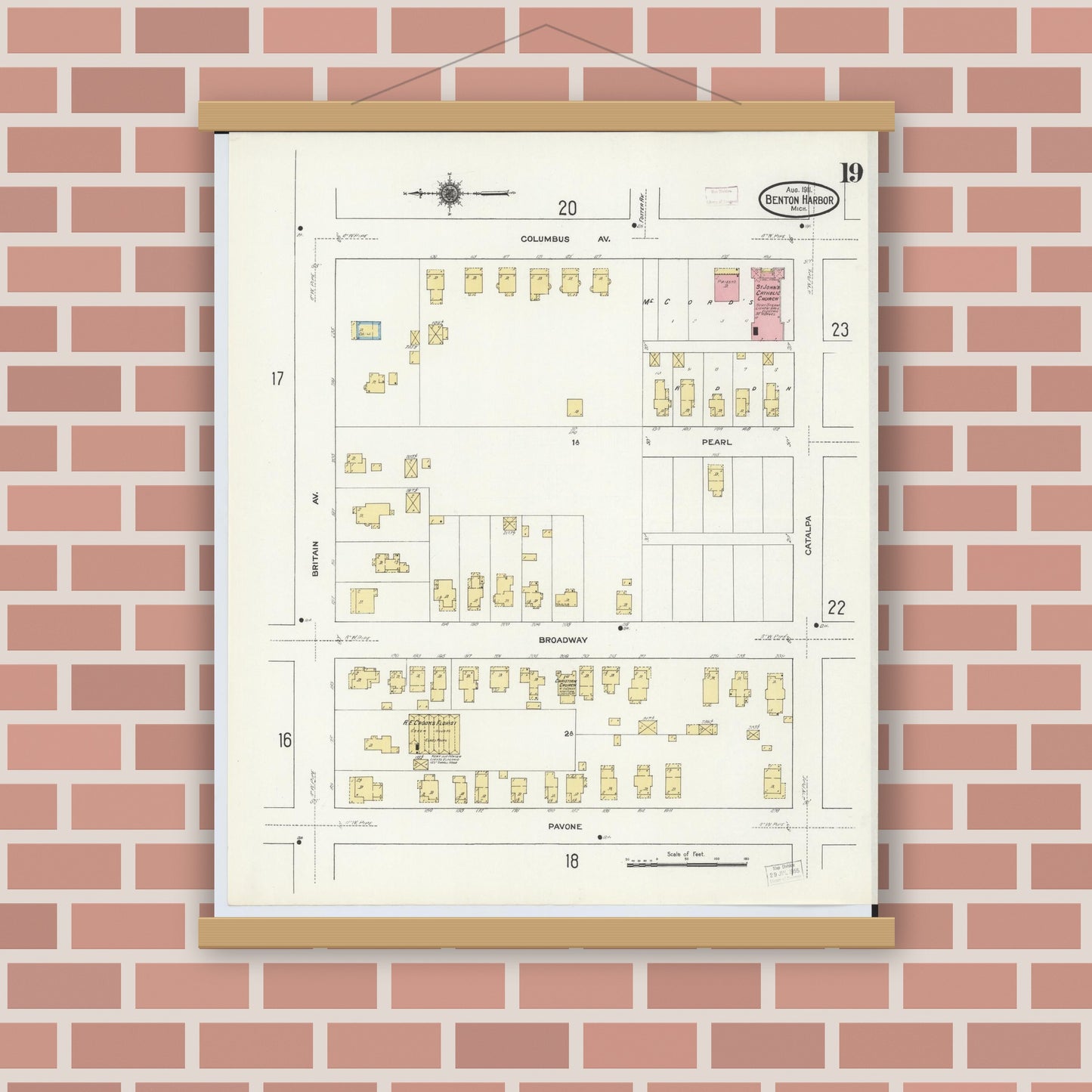 Old map wall art mockup — magnetic wood frame on brick wall — Sanborn Fire Insurance Map from Benton Harbor, Berrien County, Michigan (1911), Sheet #0019