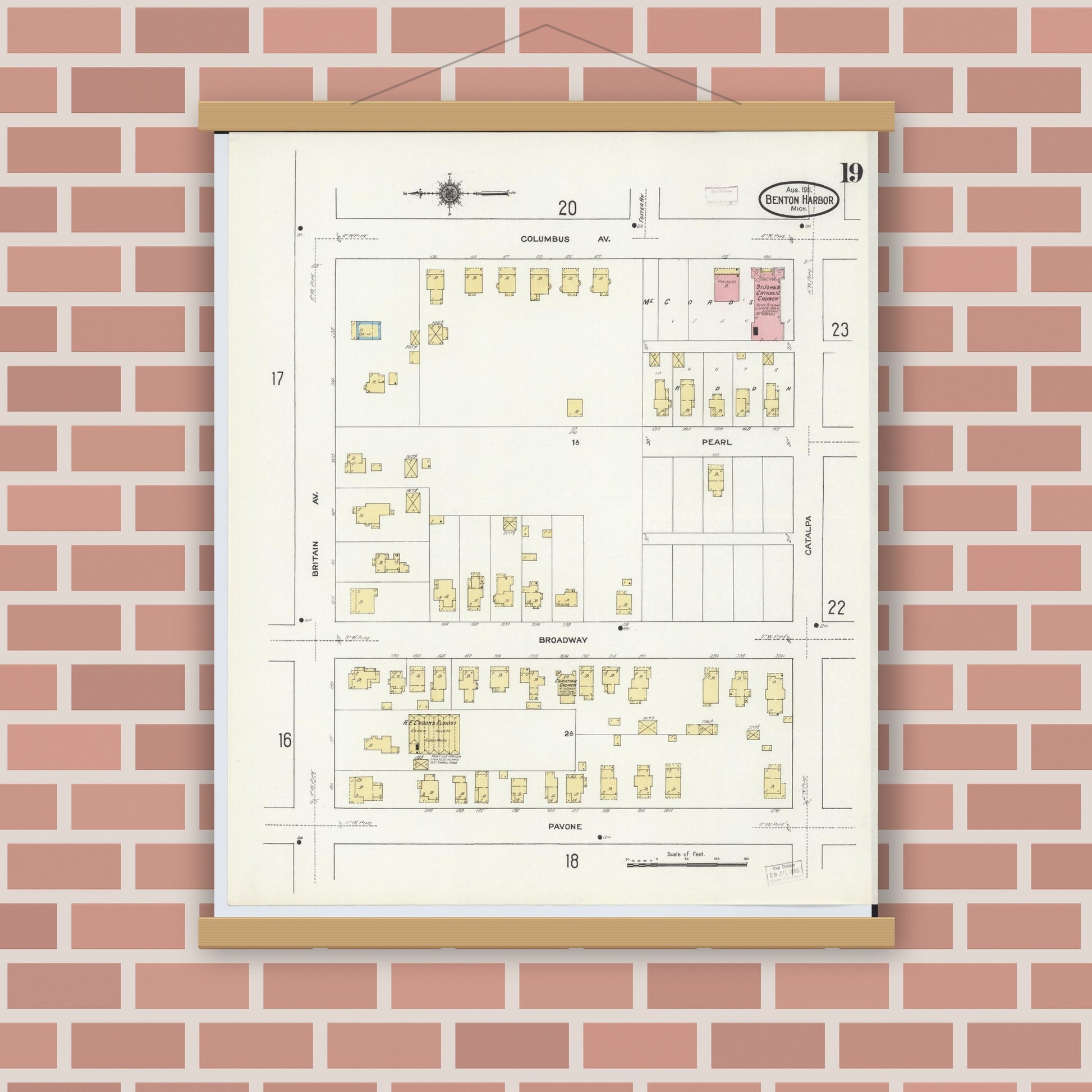 Old map wall art mockup — magnetic wood frame on brick wall — Sanborn Fire Insurance Map from Benton Harbor, Berrien County, Michigan (1911), Sheet #0019