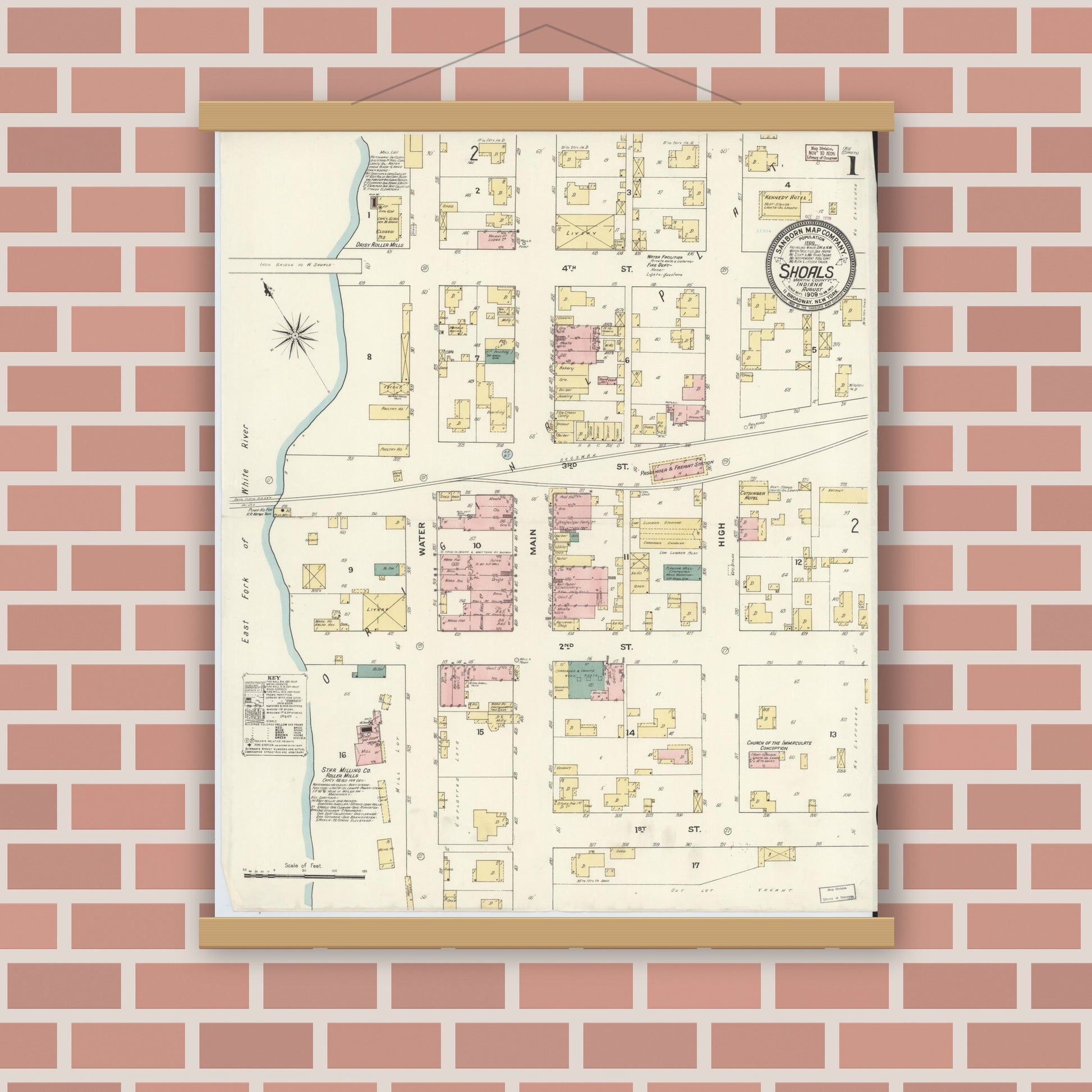 Old map wall art mockup — magnetic wood frame on brick wall — Sanborn Fire Insurance Map from Shoals, Martin County, Indiana (1909) - Complete Map Set