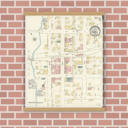 Old map wall art mockup — magnetic wood frame on brick wall — Sanborn Fire Insurance Map from Shoals, Martin County, Indiana (1909) - Complete Map Set