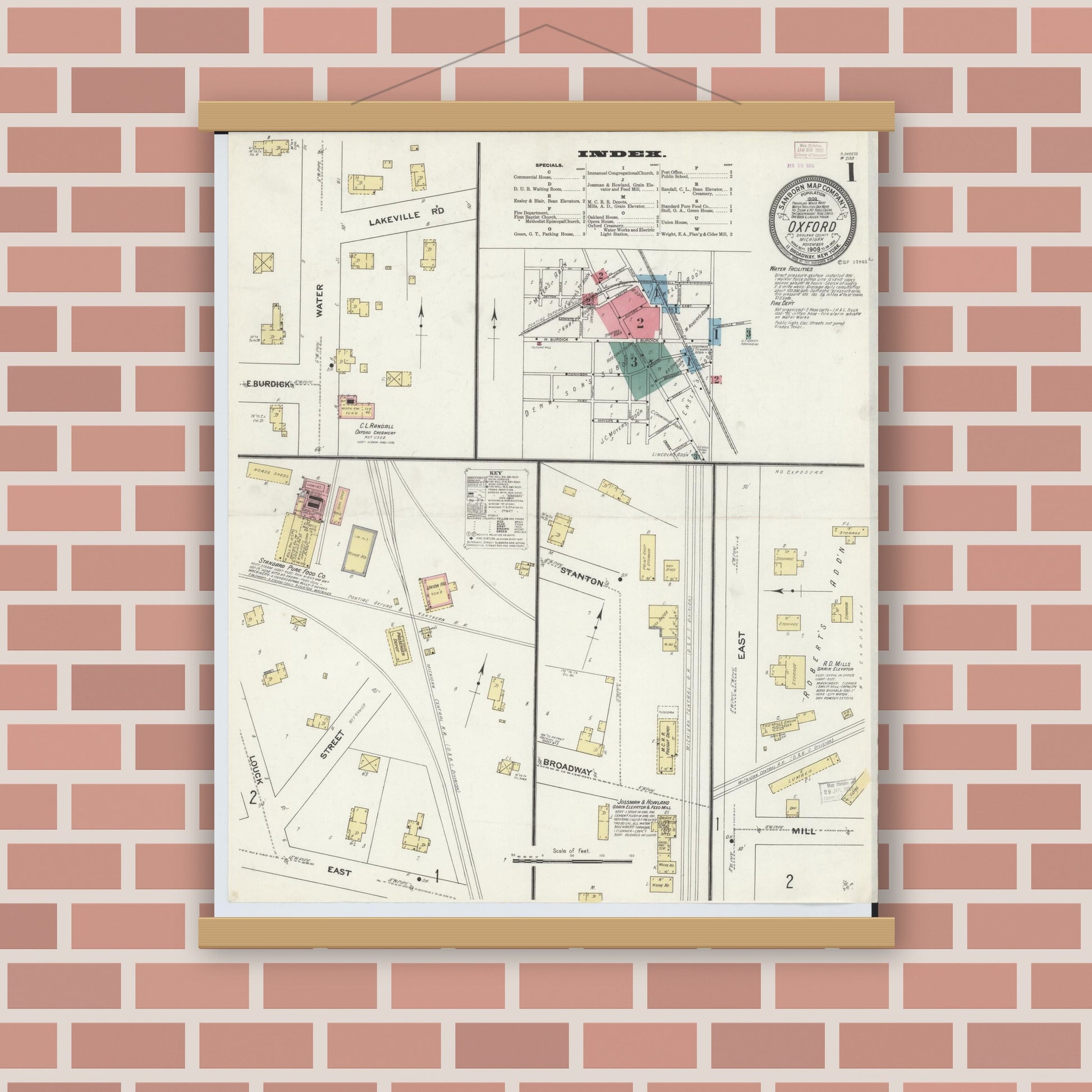 Old map wall art mockup — magnetic wood frame on brick wall — Sanborn Fire Insurance Map from Oxford, Oakland County, Michigan (1903) - Complete Map Set