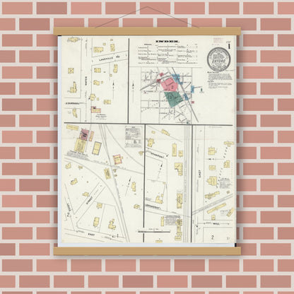 Old map wall art mockup — magnetic wood frame on brick wall — Sanborn Fire Insurance Map from Oxford, Oakland County, Michigan (1903) - Complete Map Set