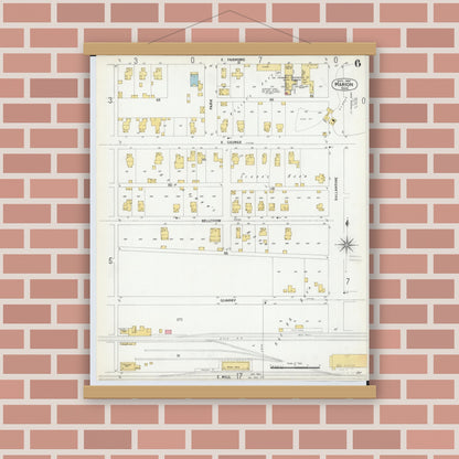 Old map wall art mockup — magnetic wood frame on brick wall — Sanborn Fire Insurance Map from Marion, Marion County, Ohio (1900), Sheet #0006