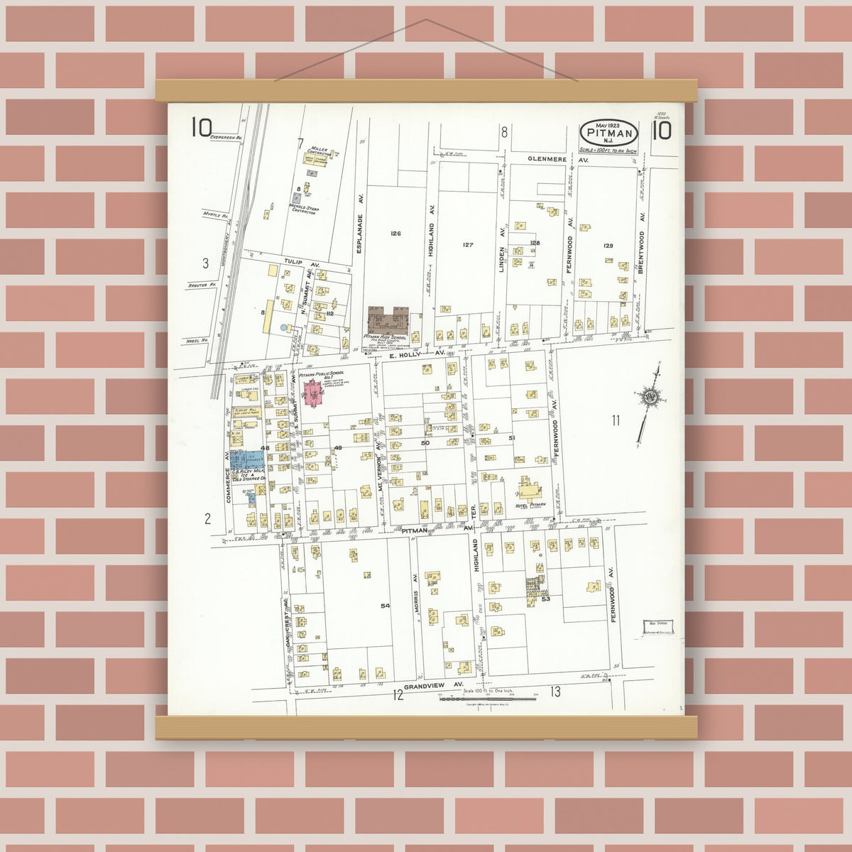 Old map wall art mockup — magnetic wood frame on brick wall — Sanborn Fire Insurance Map from Pitman, Gloucester County, New Jersey (1923), Sheet #0010