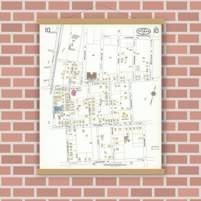 Old map wall art mockup — magnetic wood frame on brick wall — Sanborn Fire Insurance Map from Pitman, Gloucester County, New Jersey (1923), Sheet #0010