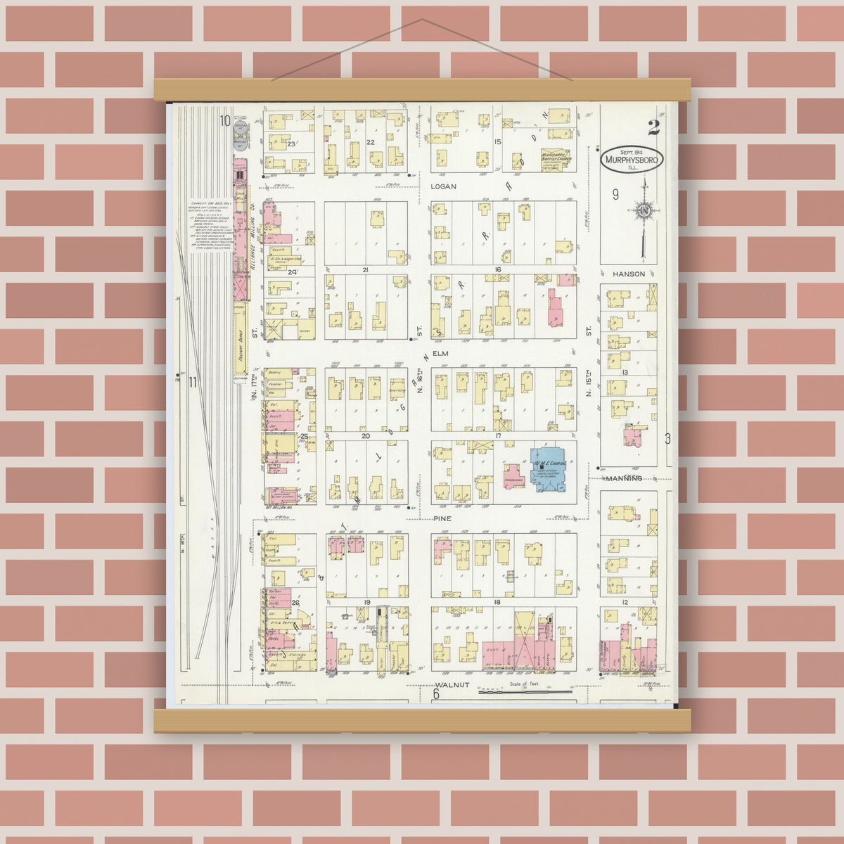 Old map wall art mockup — magnetic wood frame on brick wall — Sanborn Fire Insurance Map from Murphysboro, Jackson County, Illinois (1914), Sheet #0002
