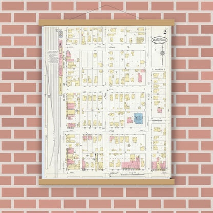 Old map wall art mockup — magnetic wood frame on brick wall — Sanborn Fire Insurance Map from Murphysboro, Jackson County, Illinois (1914), Sheet #0002