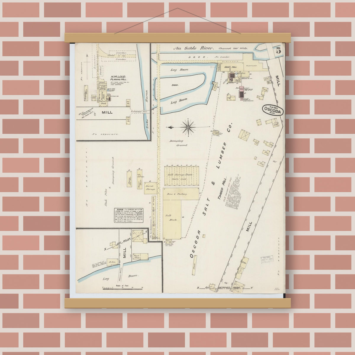 Old map wall art mockup — magnetic wood frame on brick wall — Sanborn Fire Insurance Map from Oscoda, Iosco County, Michigan (1884), Sheet #0005