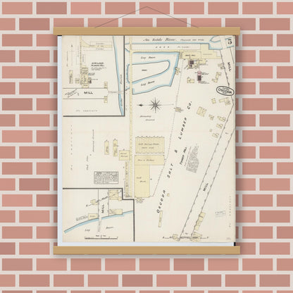 Old map wall art mockup — magnetic wood frame on brick wall — Sanborn Fire Insurance Map from Oscoda, Iosco County, Michigan (1884), Sheet #0005