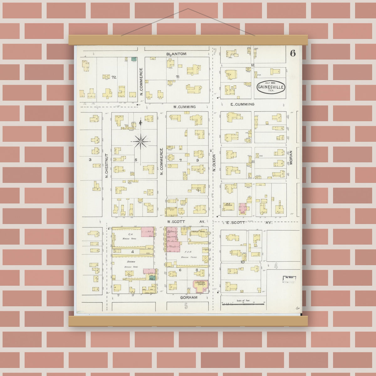 Old map wall art mockup — magnetic wood frame on brick wall — Sanborn Fire Insurance Map from Gainesville, Cooke County, Texas (1892), Sheet #0006